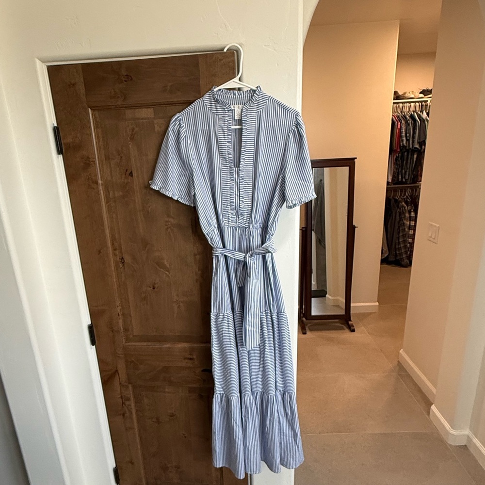 London Times Blue & White Striped Tie-Waist Maxi Dress